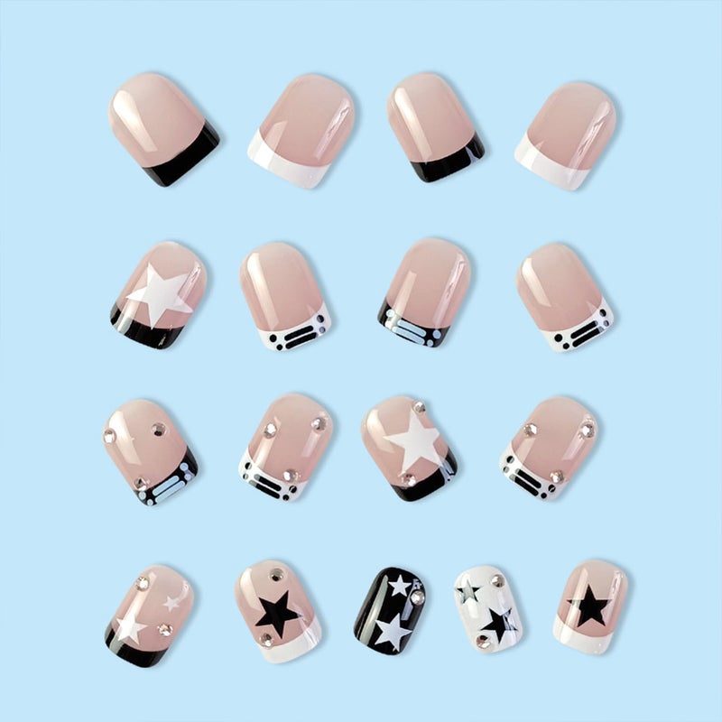 Vopintpy French Tip Press on Nails Short Square Fake Nails Black White Star Rhinestones False Nail Design Glossy Full Cover Artificial for Women Charm Manicure Reusable Stick on Nail - Image 3